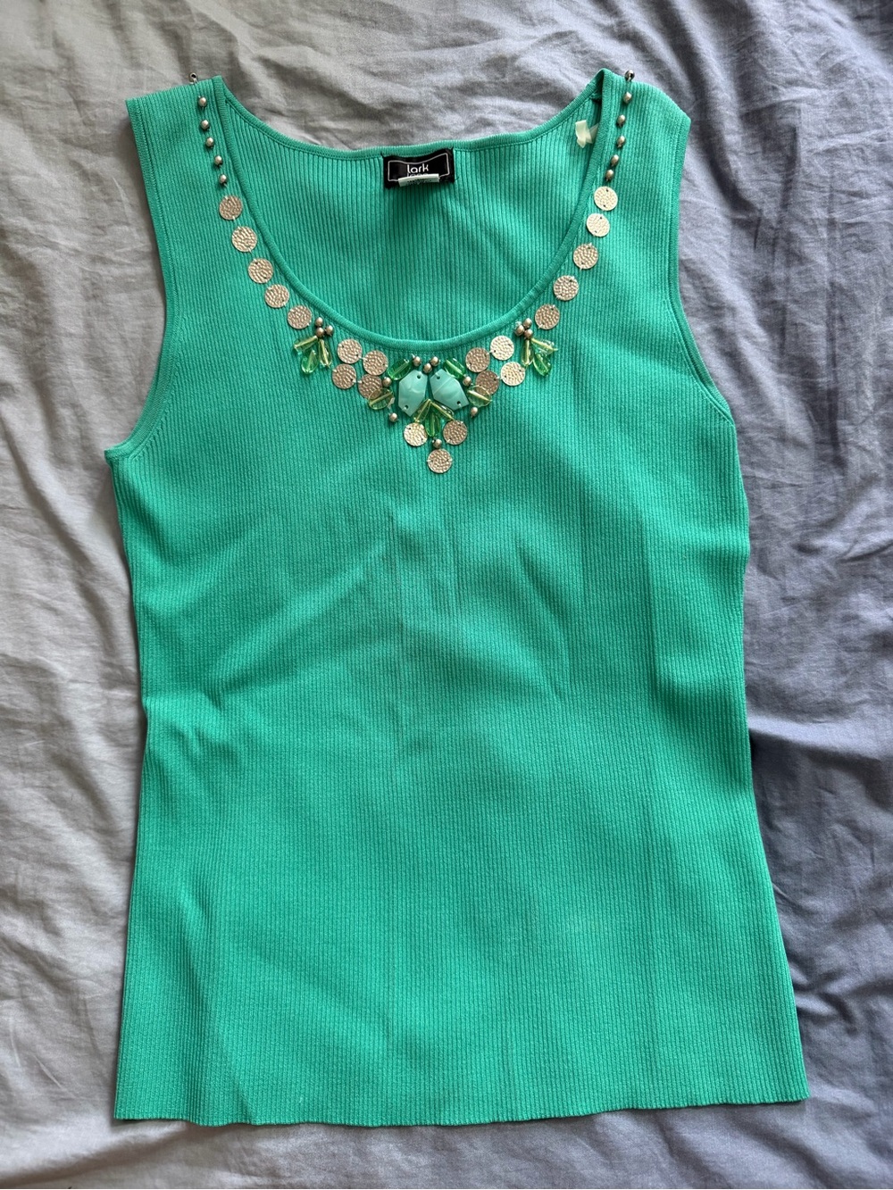 Lark Lane Mint Green Turquoise Embellished Jeweled Neckline Ribbed Knit Tank